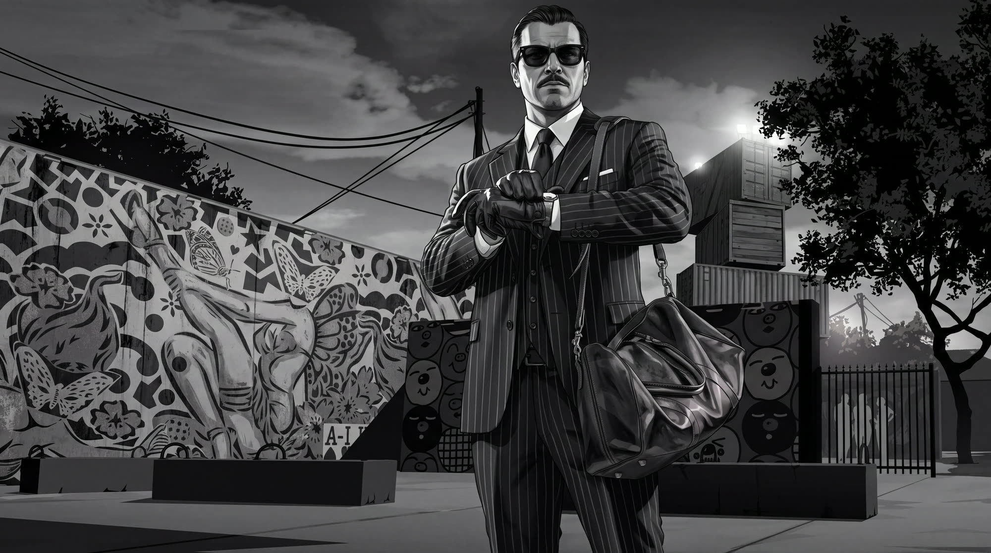 Mafioso de terno e óculos escuros com uma mala, em frente a um muro grafitado