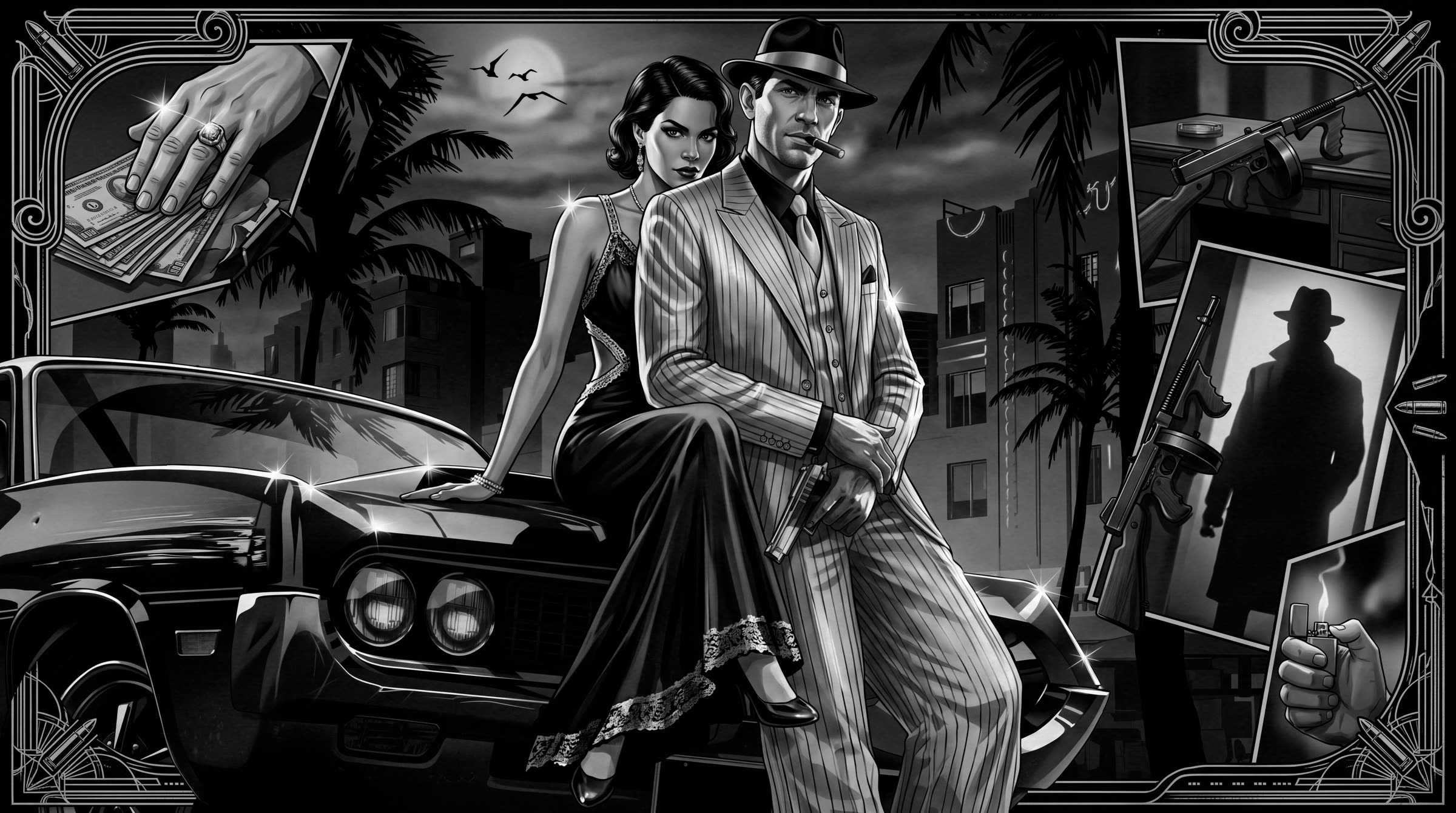 Casal em trajes de gala sobre um carro clássico, cercado por elementos da máfia